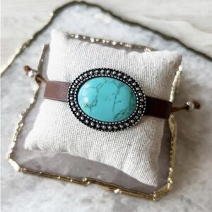 Loretta’s Turquoise and Brown Leather Bracelet with Beaded Accent